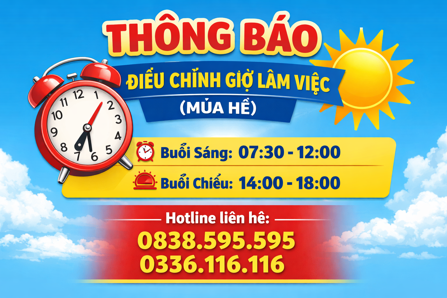 THÔNG BÁO ĐIỀU CHỈNH GIỜ LÀM VIỆC (MÙA HÈ)