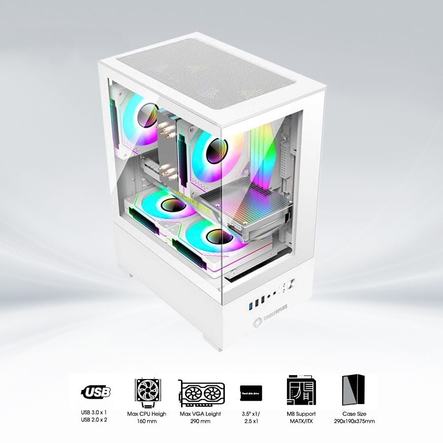 Vỏ case Coolerplus CPC - EX32W (  3 FAN LED - 2 mặt kính cường lực) - Màu Trắng
